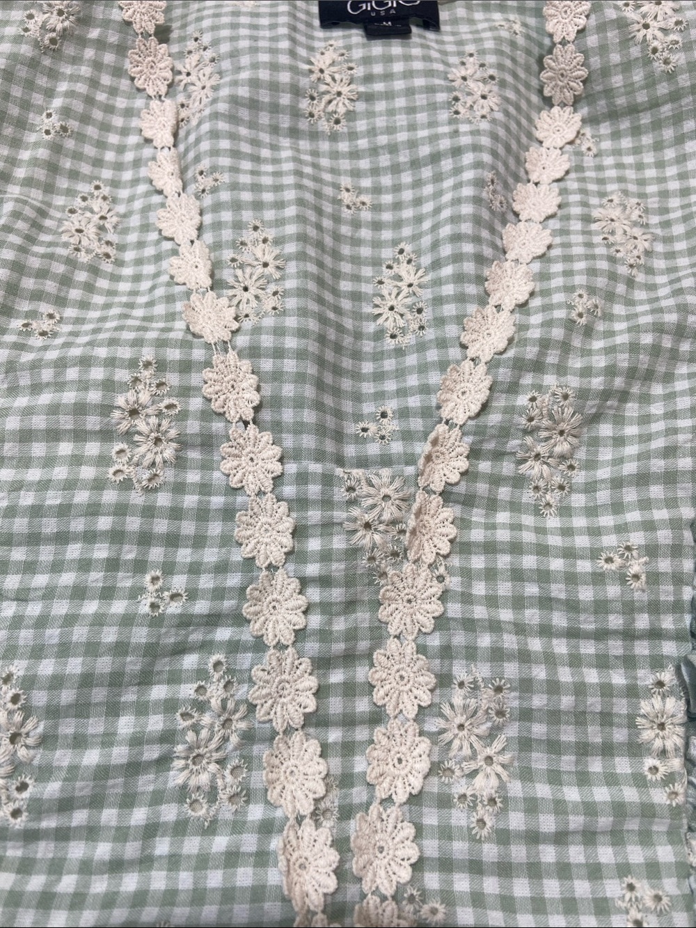 GiGiO Prairie Ginham Floral Embroidery Midi Dress Size M Sage/Cream Pockets - Picture 5 of 12